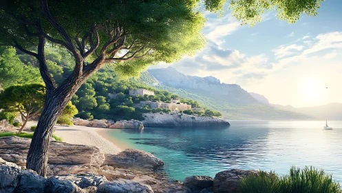 Mediterranean Coastline with Tree, Beach, Mountain.