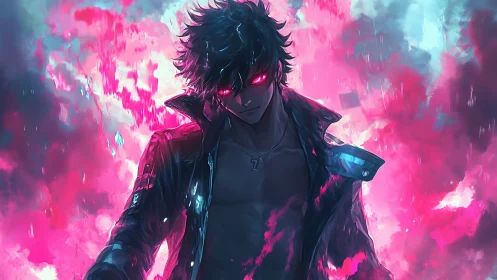 Storm-lit antihero with neon eyes in blazing pink clouds.