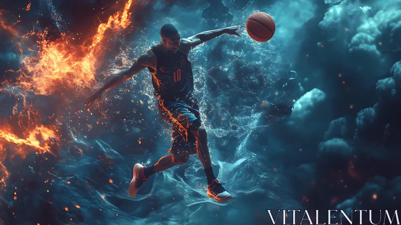 Dynamic basketball dunk framed by cinematic fire and water