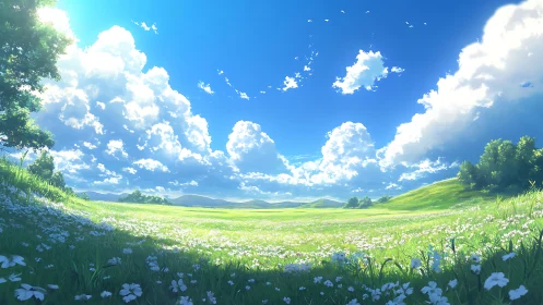 Panoramic anime meadow with volumetric clouds and wide-depth lighting