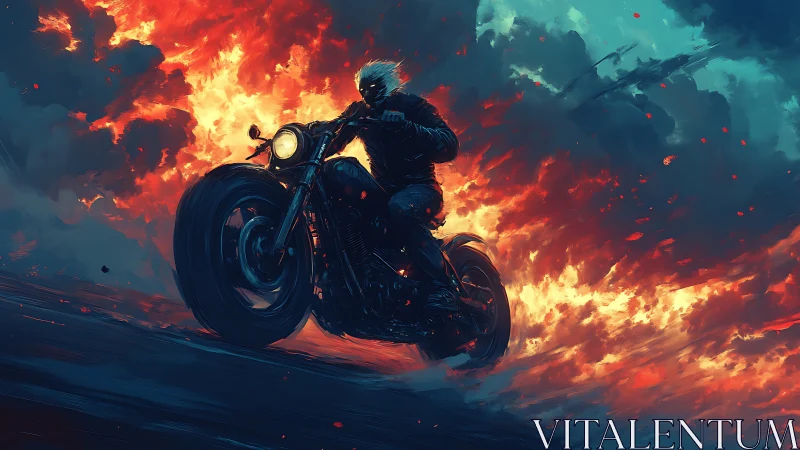 Lone biker rides through erupting firestorm at night