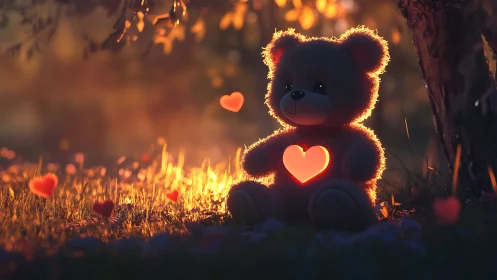 Glowing teddy bear radiates warm love in dreamy sunset grove