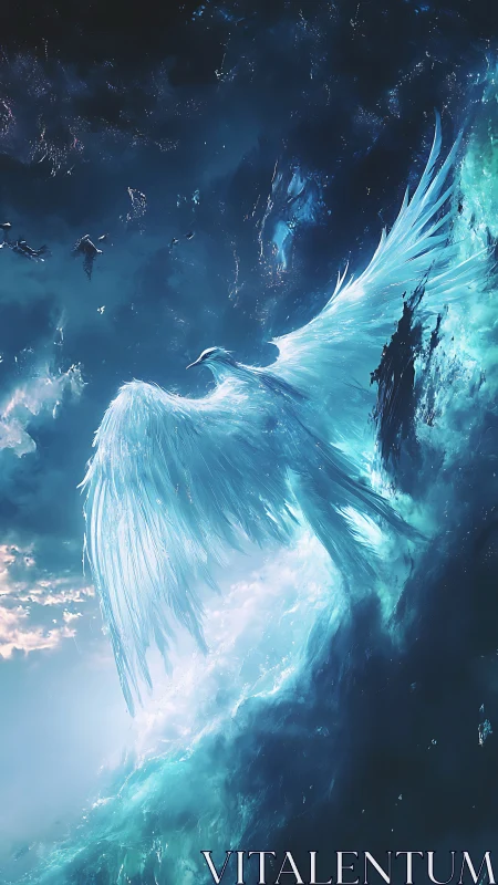 Celestial ice phoenix rising through luminous cosmic storm.