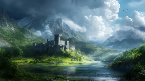 Stormlit mountain fortress above emerald river valley.