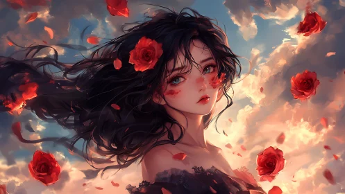 Rose-touched dreamer drifting through a painted sunset sky.