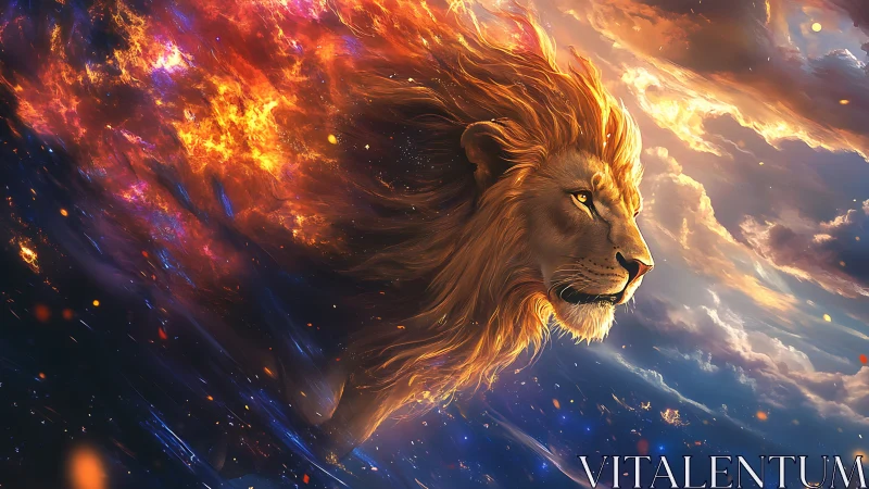 Fiery cosmic lion head emerging through glowing clouds.