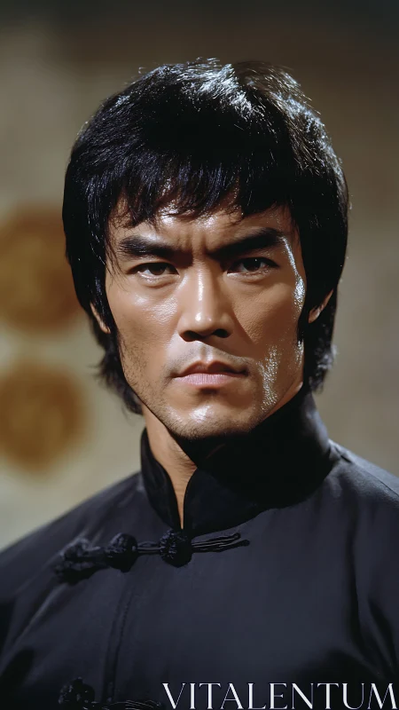 Photorealistic martial artist portrait in classic close-up framing.