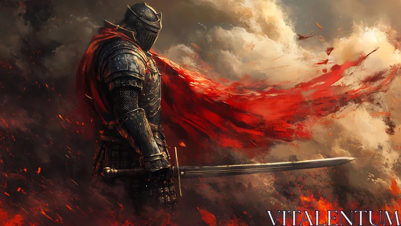 Armored knight with red cloak in fire and smoke field.