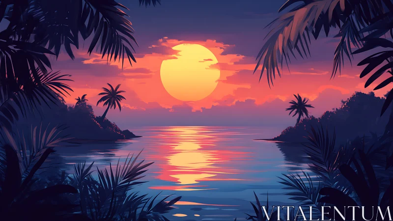 Tropical coastal sunset with silhouetted palms and foliage.