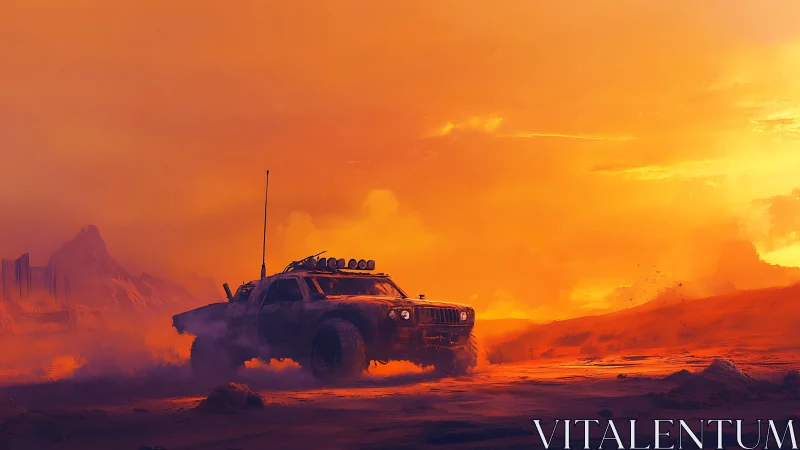 Armored desert truck cuts through burning orange dusk sands