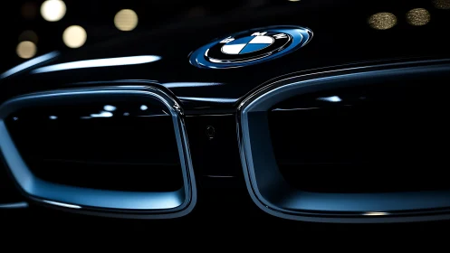 Close frontal view of modern BMW kidney grille detail.