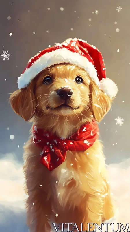 Golden retriever puppy wears Santa hat in winter snow.