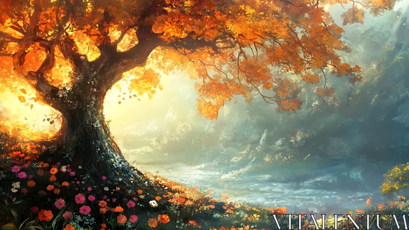 Ancient autumn tree illuminates misty riverside glade