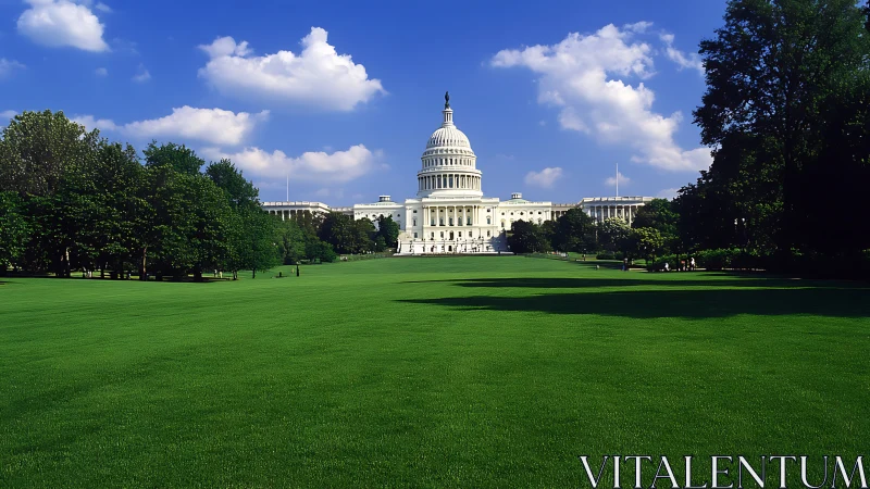Sunlit Capitol building rises beyond a wide emerald lawn