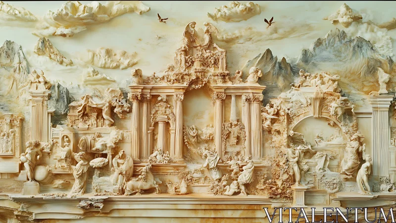 Relief sculpture of classical ruins with figures and mountains.