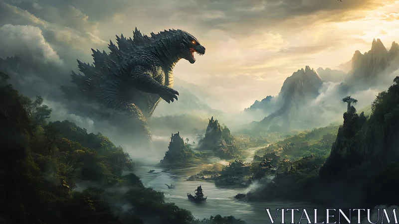 Colossal kaiju towers over misty river valley kingdom.