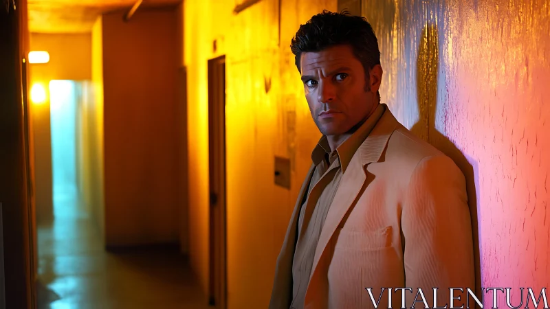 Neon corridor portrait under asymmetric tungsten-cyan lighting.