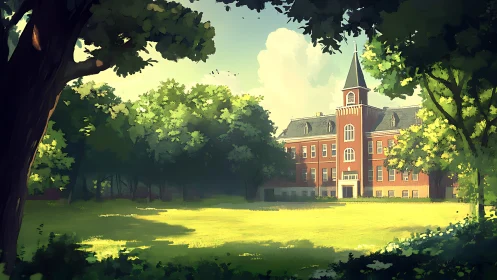 Sunlit red brick campus hall framed by leafy trees