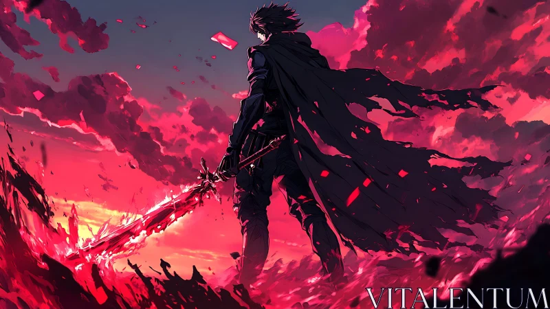 Backlit swordsman in crimson storm, torn cloak, glowing blade