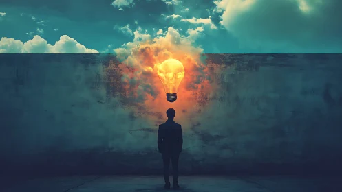 Silhouetted figure confronts luminous idea bulb on abstract wall