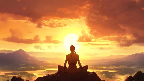 Solitary meditator observes atmospheric sunrise over valley