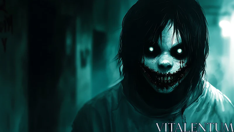 Horror digital portrait with glowing eyes and stitched grin.