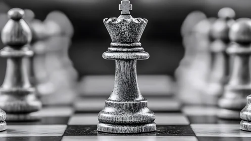Chess Queen in Focus Amid Blurred Pieces.