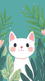 White Cat in Garden with Green Foliage.