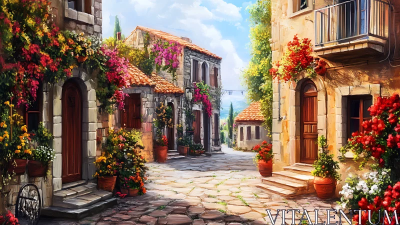 Stone courtyard street shows dense floral coverage and doors