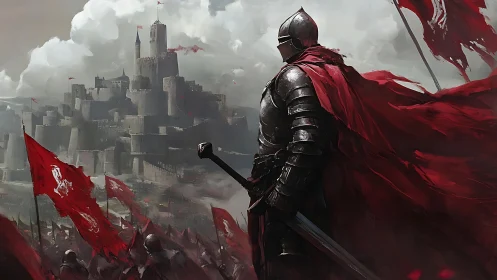Armored warlord surveys besieged fortress under crimson banners.