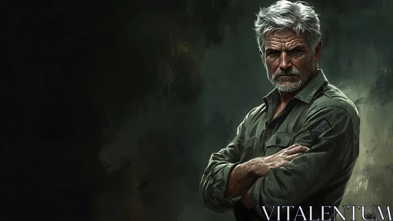 Hardened veteran portrait in muted green tactical palette.