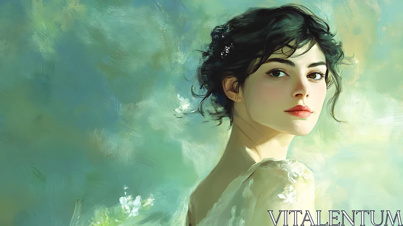 Soft morning portrait of a thoughtful woman in pastel light.