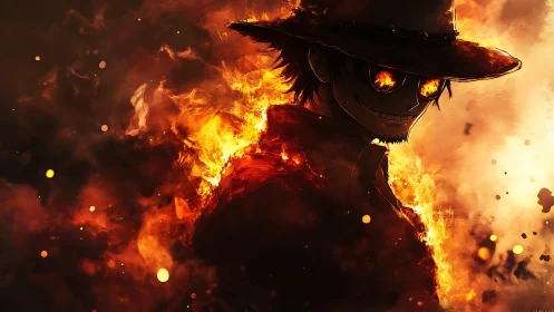 Anime character silhouette surrounded by intense orange fire.