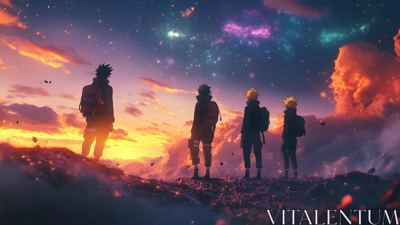 Four silhouetted hikers stand on rocky ridge at vivid sunset