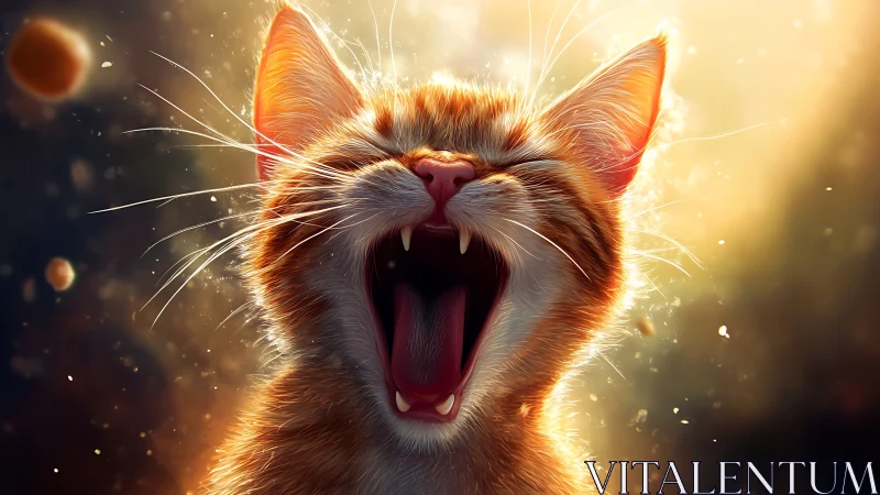 Digitally Rendered Orange Feline with Mouth Open and Luminescent Particles
