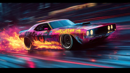 Flaming neon muscle car roars through a glowing night street