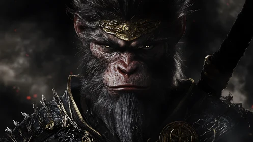 Armored simian warrior rendered in dramatic photoreal detail