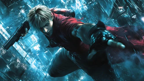 Gun-wielding fighter leaping through neon-soaked cyber cityscape.