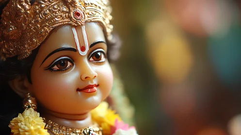 Ornate child deity statue portrait with shallow depth of field