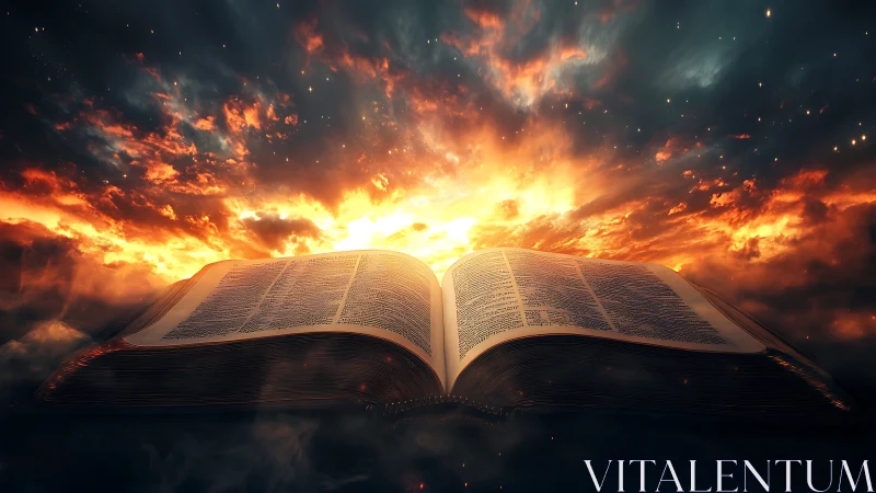 Glowing heavens rise above an open book of timeless wisdom