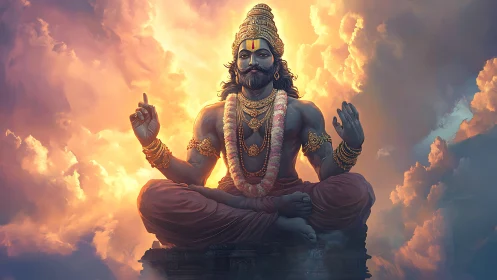 Radiant meditative deity sits calmly amid glowing clouds