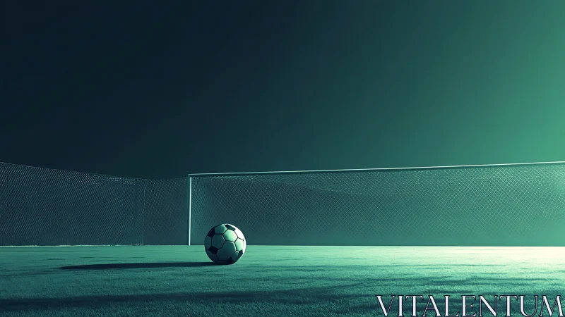 Lone soccer ball rests on an empty goal field at dusk