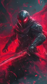Armored dark knight with red energy blade in dynamic vortex field
