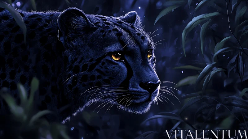 Nocturnal leopard rendering with atmospheric illumination and botanical environment