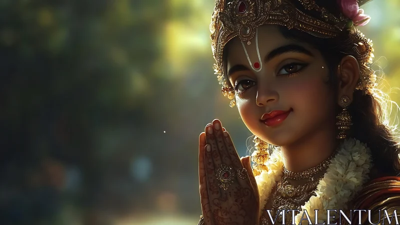 High-detail devotional portrait with bokeh and rim-lit ornaments
