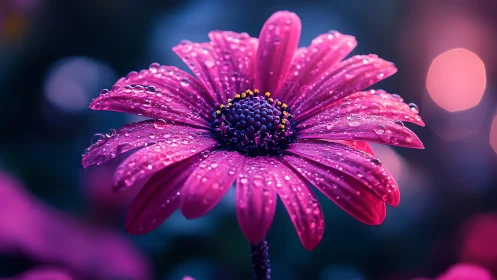 Macro pink daisy with dewdrops under neon bokeh light.