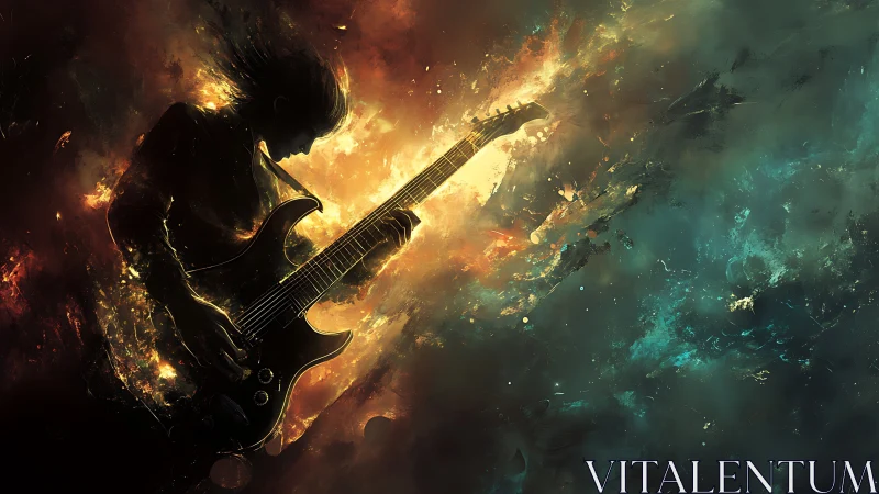 Electric guitarist ignites a swirling cosmic burst of sound.