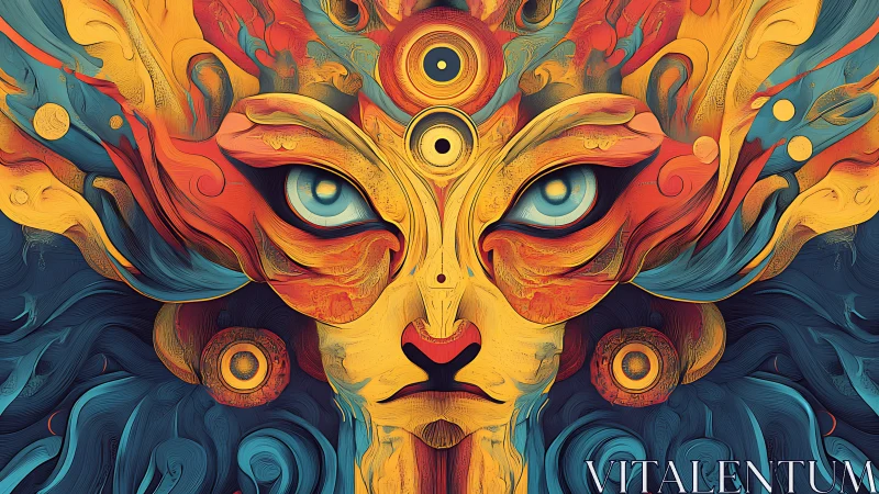 Mythic feline mask radiates swirling psychedelic energy