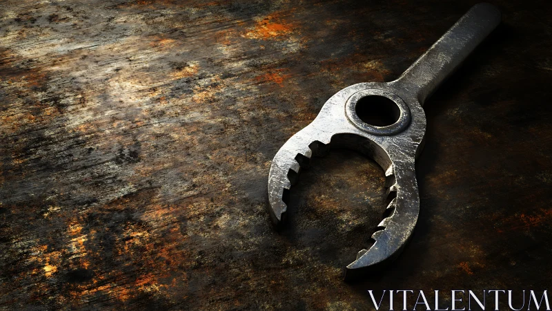 Photorealistic metallic wrench on distressed rusted steel surface.