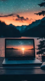 Laptop framing mirrored sunset lake within twilight landscape.